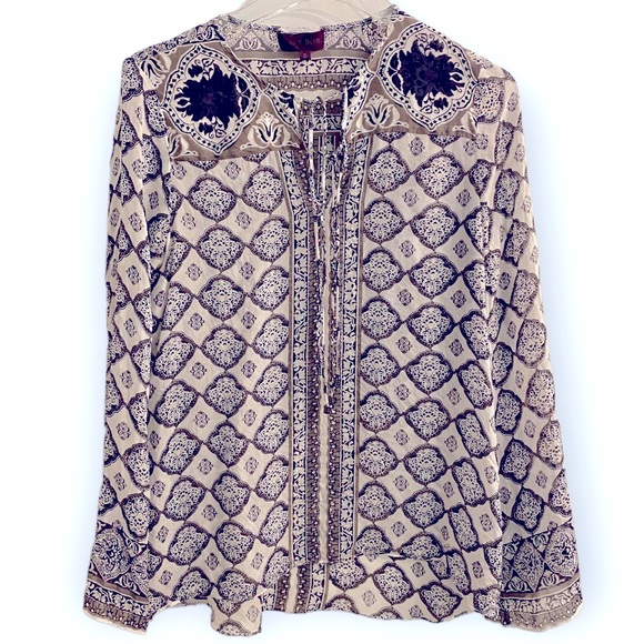 Hale Bob Silk Sheer Boho Top Floral Women Small Black White Gray Double Tassels - Picture 1 of 7